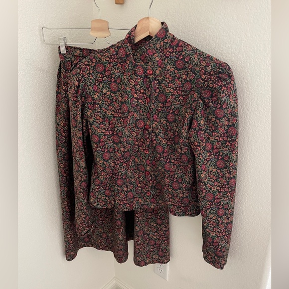Vintage Dresses & Skirts - Vintage handmade brown red floral 2 piece set midi skirt and puff sleeve jacket